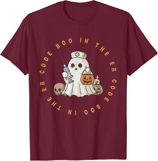 Code Boo In The ER Nurse Halloween Cute Ghost Spooky Season T-Shirt - T-Shirt | Maroon