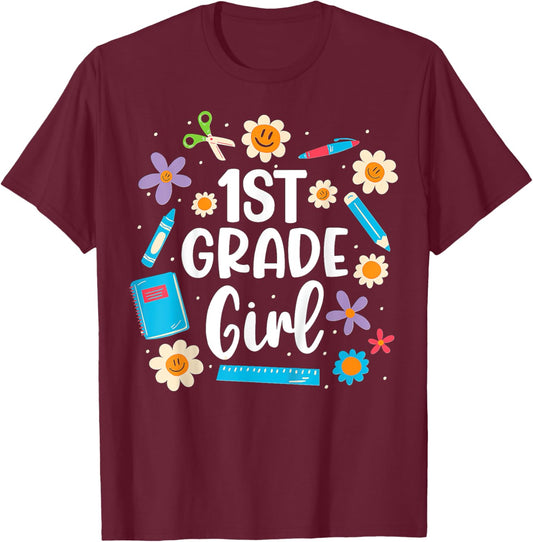 Kids Girls First Grade, 1st Grade Girl Back To School T-Shirt - T-Shirt | Maroon