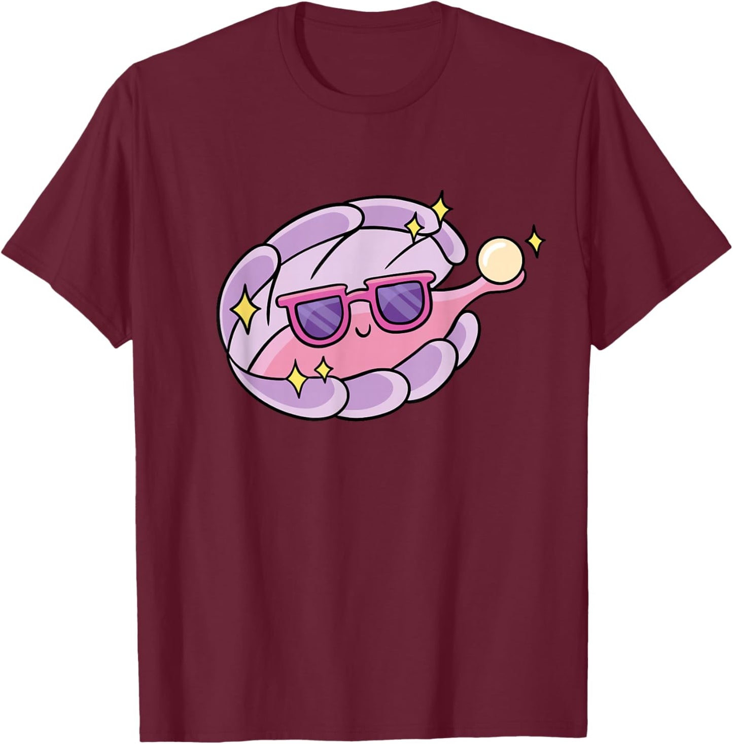 Cartoon Clam With Sunglasses And Pearl T-Shirt - T-Shirt | Maroon