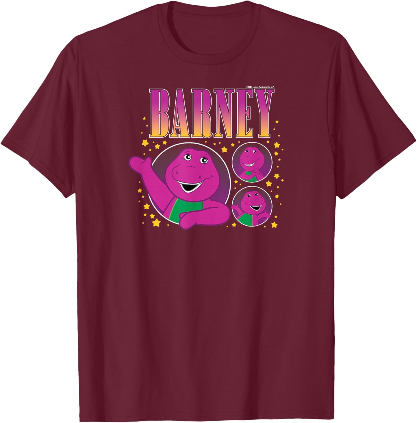 Barney - Purple Dinosaur Character Grid with Gold Stars T-Shirt - T-Shirt | Maroon