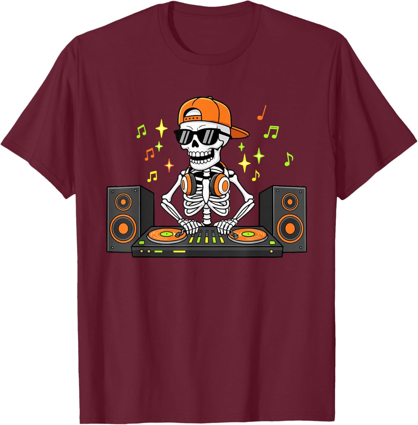 DJ Skeleton Mixing Decks Rave Halloween EDM T-Shirt - T-Shirt | Maroon