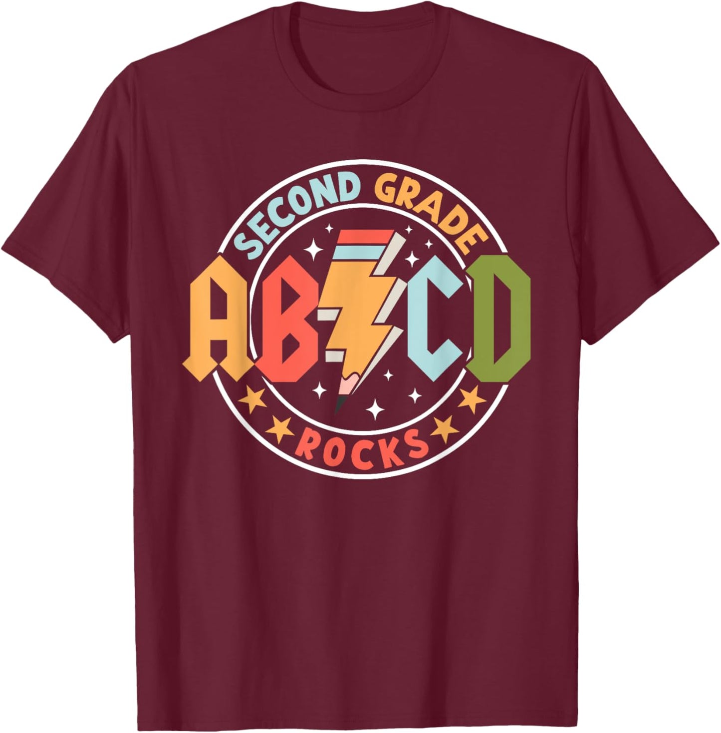 ABCD 2nd Grade Rocks Pencil Lightning Teachers Rock Boys T-Shirt - T-Shirt | Maroon