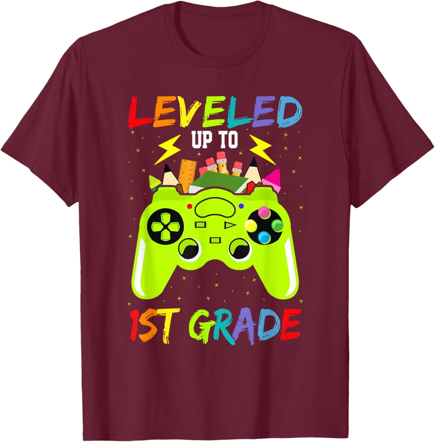 Leveled Up To 1st Grade Gamer Back To School First Day Boys T-Shirt - T-Shirt | Maroon
