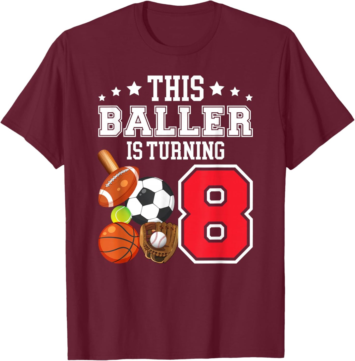 8th Birthday Sports Birthday Theme 8 Year Old Boy T-Shirt - T-Shirt | Maroon