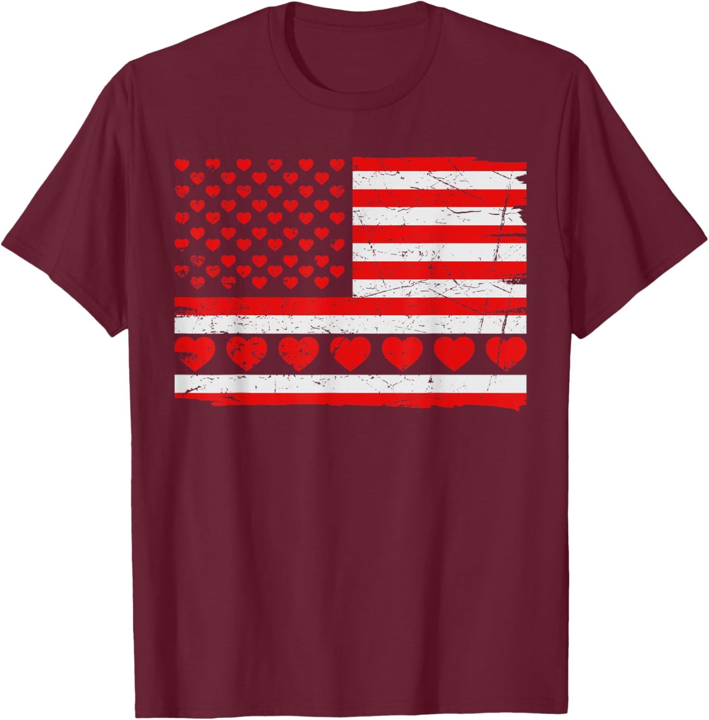 Patriotic US American Flag Hearts Valentines Day T-Shirt - T-Shirt | Maroon