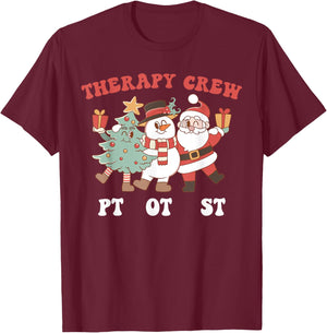 Retro Therapy Crew Pt Ot St Santa Snowman Christmas Tree T-Shirt - T-Shirt | Maroon