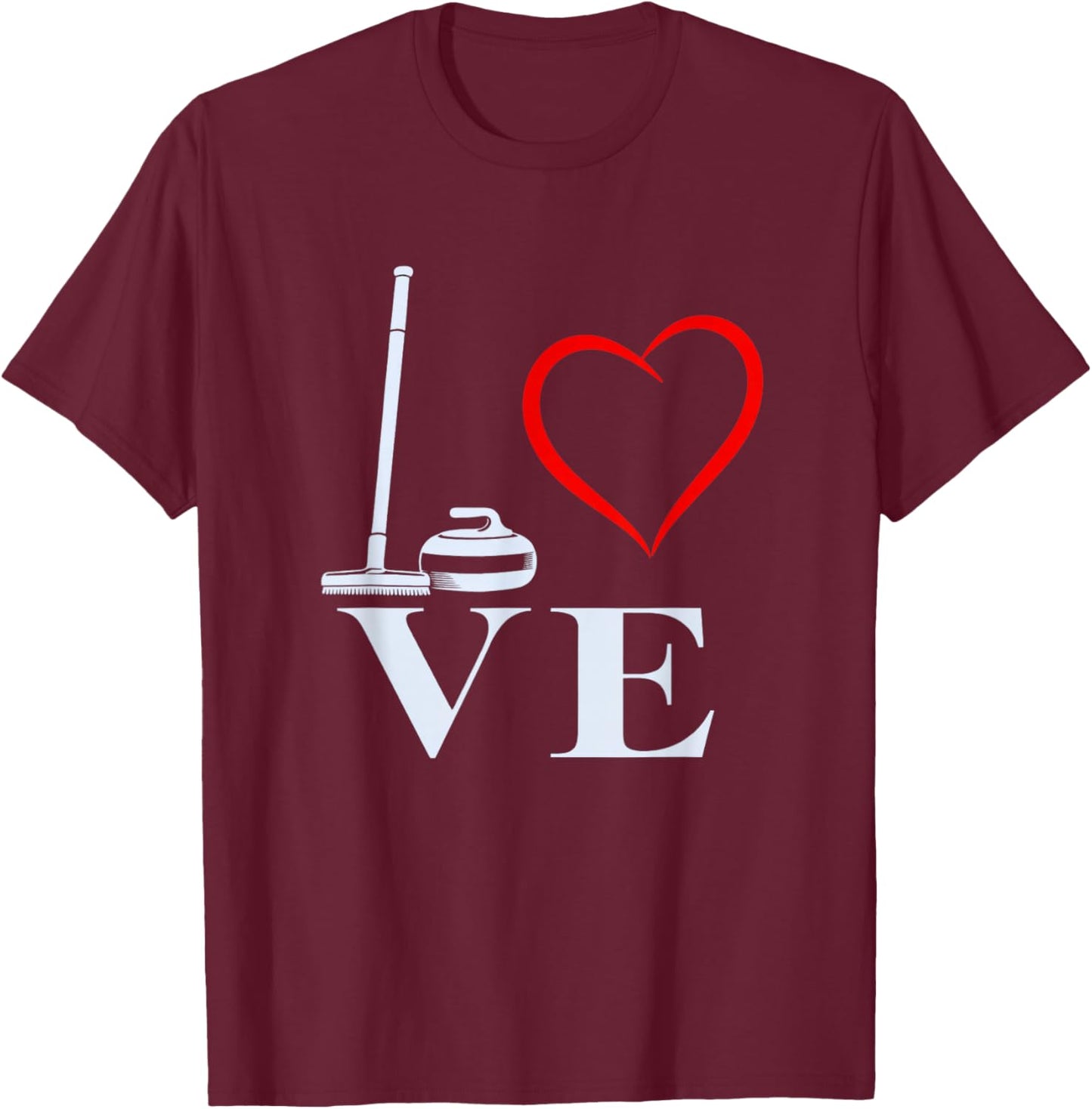 Love Curling Winter Sports Heart Curling Broom and Stone T-Shirt - T-Shirt | Maroon