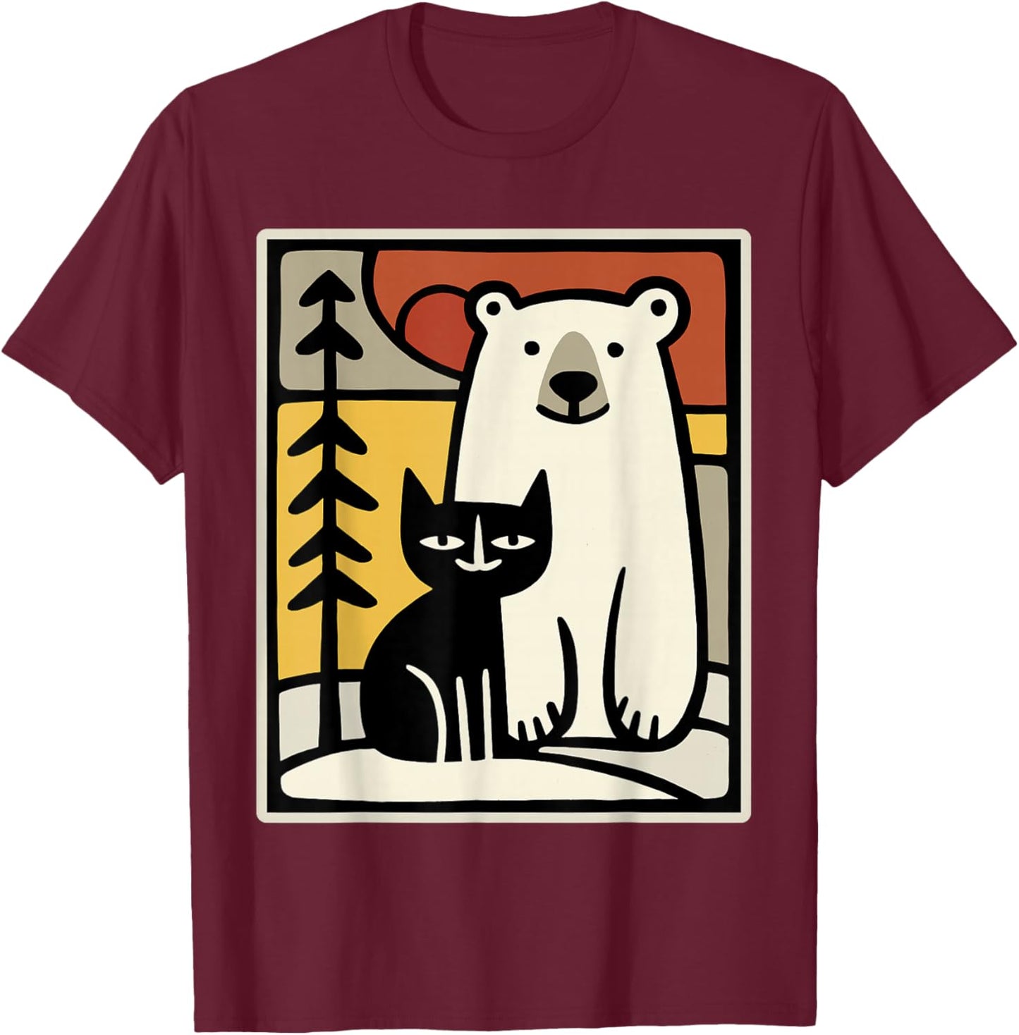 Black Cat and Polar Bear Sitting in Snow Winter Animal Art T-Shirt - T-Shirt | Maroon