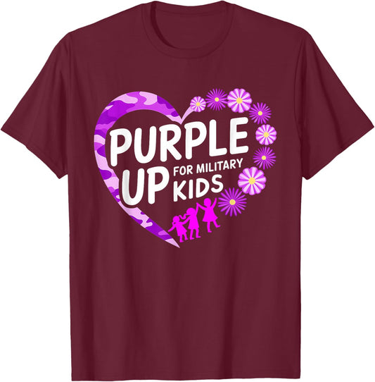 Cute Heart Purple Up For Military Kids Military Child Month T-Shirt - T-Shirt | Maroon