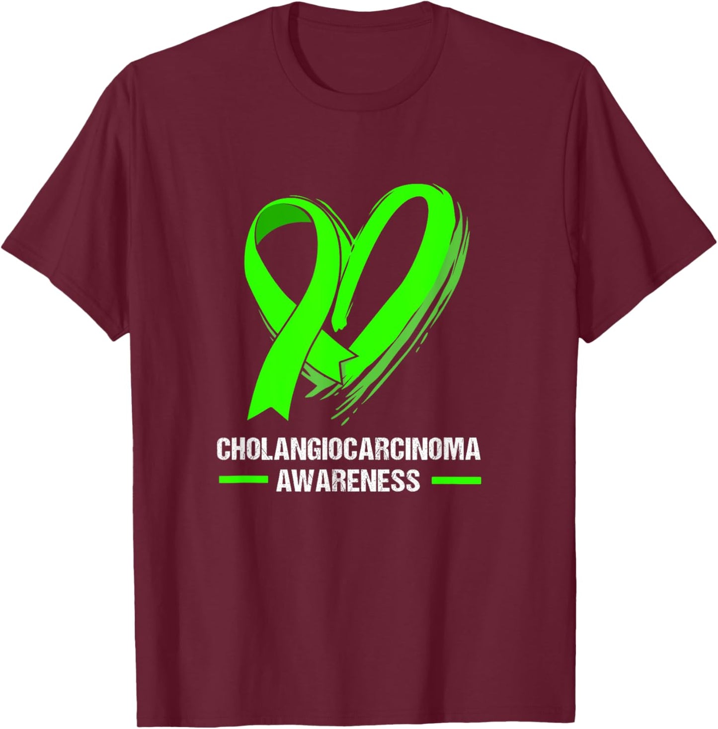 Heart Ribbon Green Cholangiocarcinoma Awareness T-Shirt - T-Shirt | Maroon