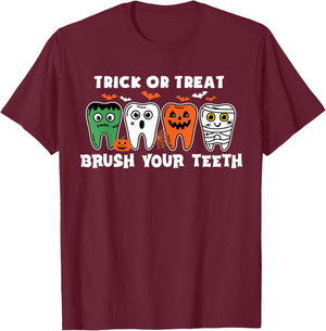 Trick Or Treat Brush Your Teeth Ghost Cute Halloween Dentist T-Shirt - T-Shirt | Maroon