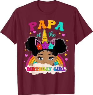 Papa of The Birthday Girl Rainbow Afro Melanin Unicorn T-Shirt - T-Shirt | Maroon