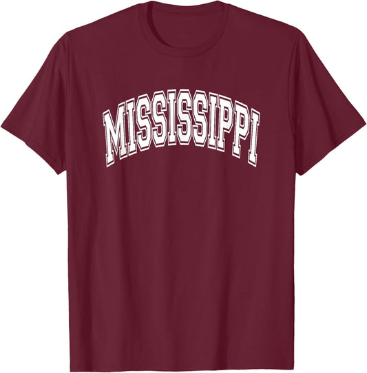 Mississippi Arched Style White Text T-Shirt - T-Shirt | Maroon