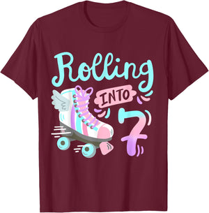 Rolling Into 7 Roller Skates Skater Girl 7th Birthday Party T-Shirt - T-Shirt | Maroon