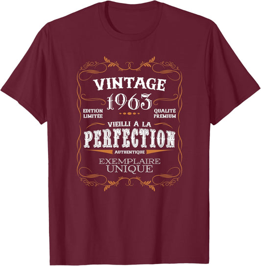 Vintage 1963 Cadeau Anniversaire 61 Ans Homme Femme Année 60 Haut de Gamme T-Shirt - T-Shirt | Maroon