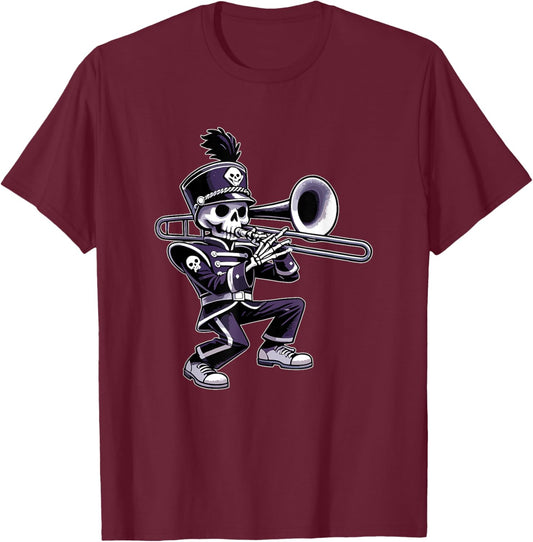 Halloween Skeleton School Marching Band Trombone Player T-Shirt - T-Shirt | Maroon