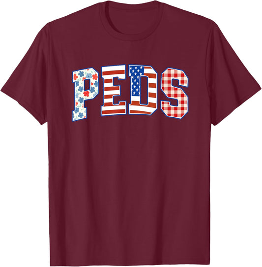Women Pediatric Nurse 4th of July Summer Peds Crew USA Flag T-Shirt - T-Shirt | Maroon