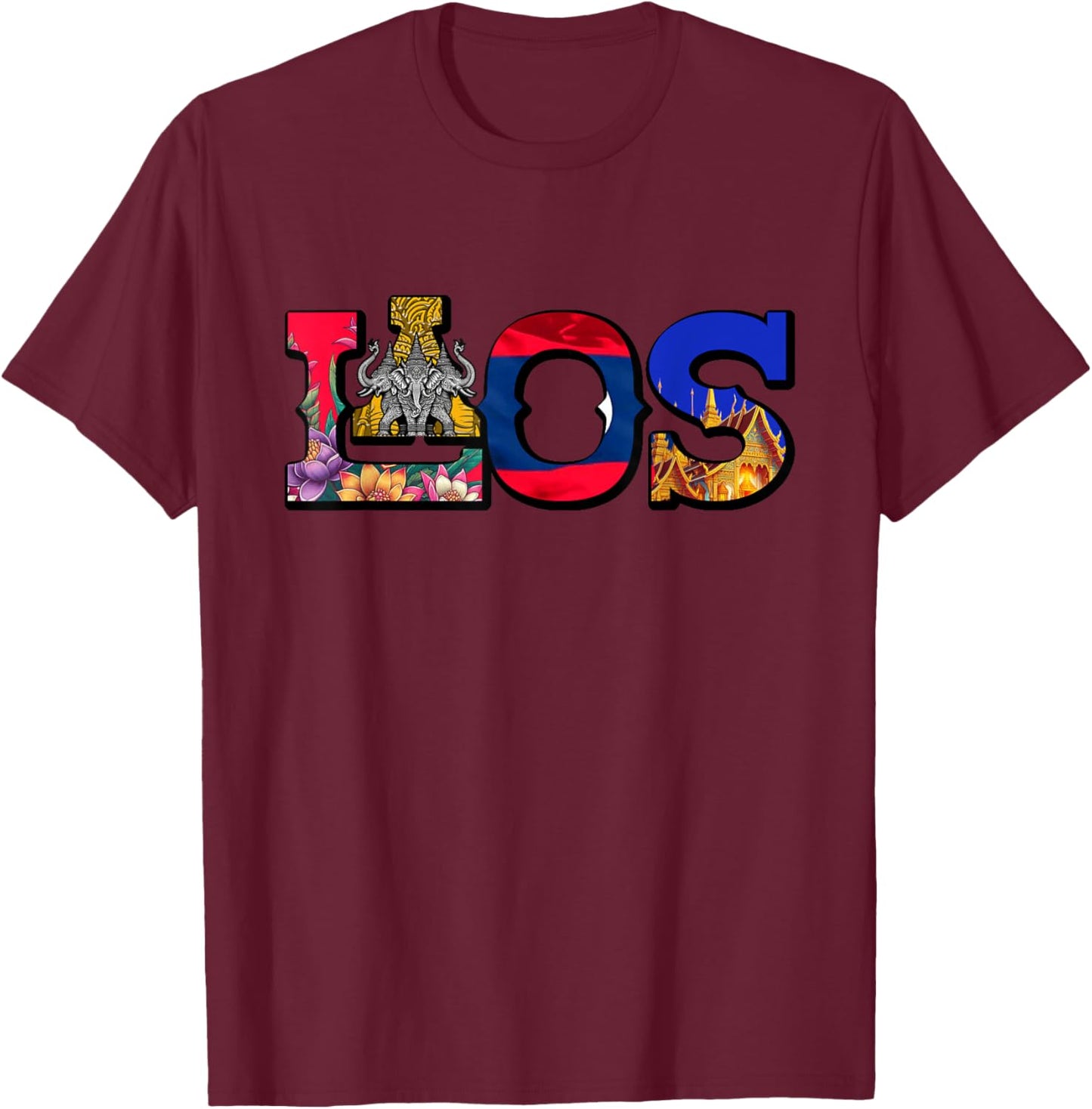 Laos Proud Lao Life Laotian Map Flowers T-Shirt - T-Shirt | Maroon