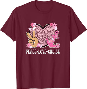 Peace Love Cruise Ship Lover Cheetah Print Women Cute Cruise T-Shirt - T-Shirt | Maroon