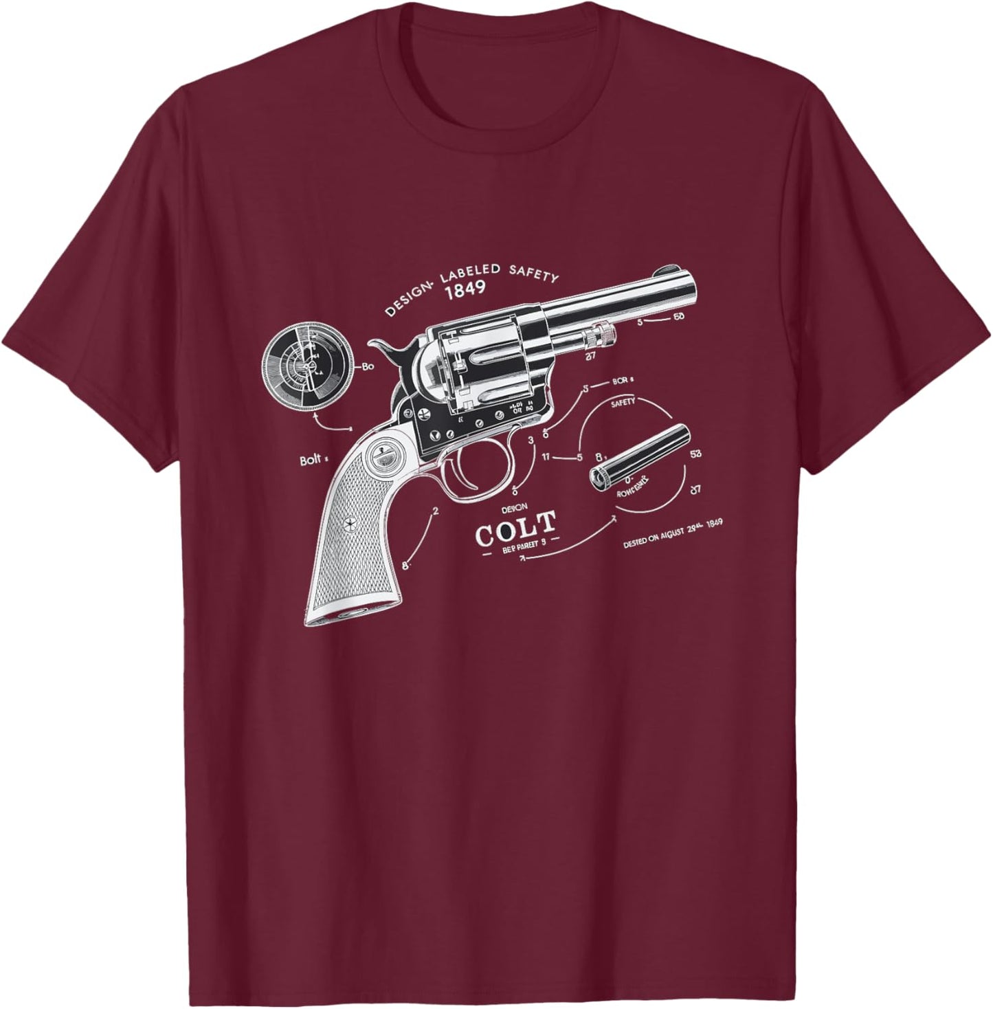 Vintage Patent Print 1839 Revolver Western Gun T-Shirt - T-Shirt | Maroon
