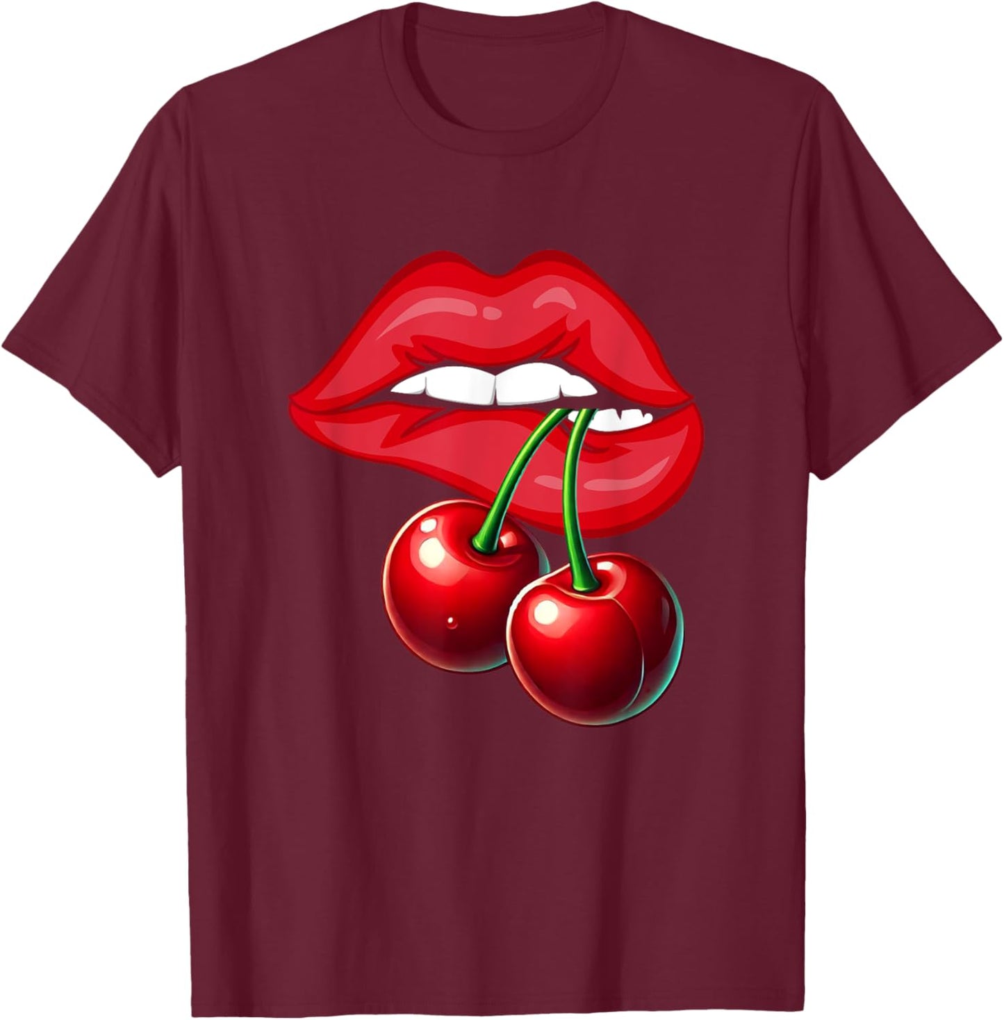 Cherry Lips Sexy Women Design Red Lips Vintage T-Shirt - T-Shirt | Maroon