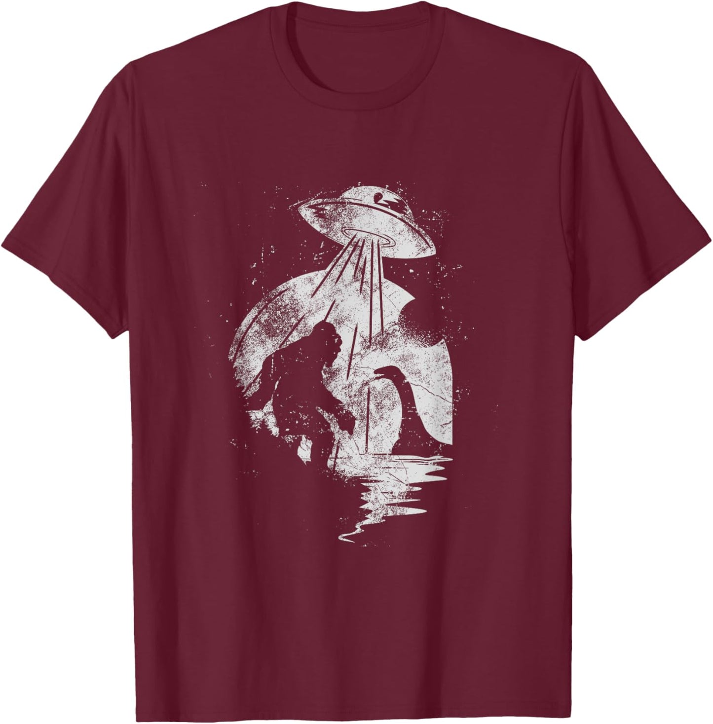 Bigfoot And Loch Ness Monster Being Abducted By A UFO T-Shirt - T-Shirt | Maroon