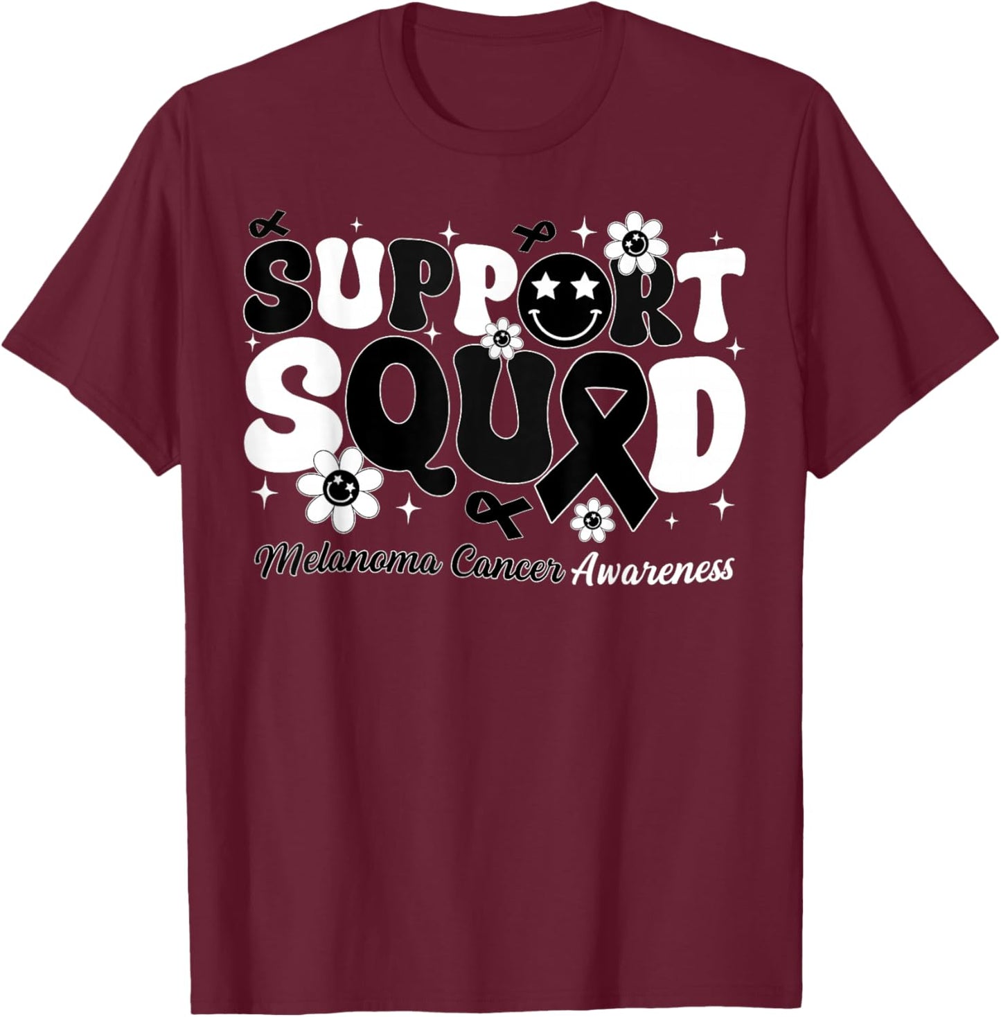 Groovy Support Squad Melanoma Cancer Awareness Black Ribbon T-Shirt - T-Shirt | Maroon