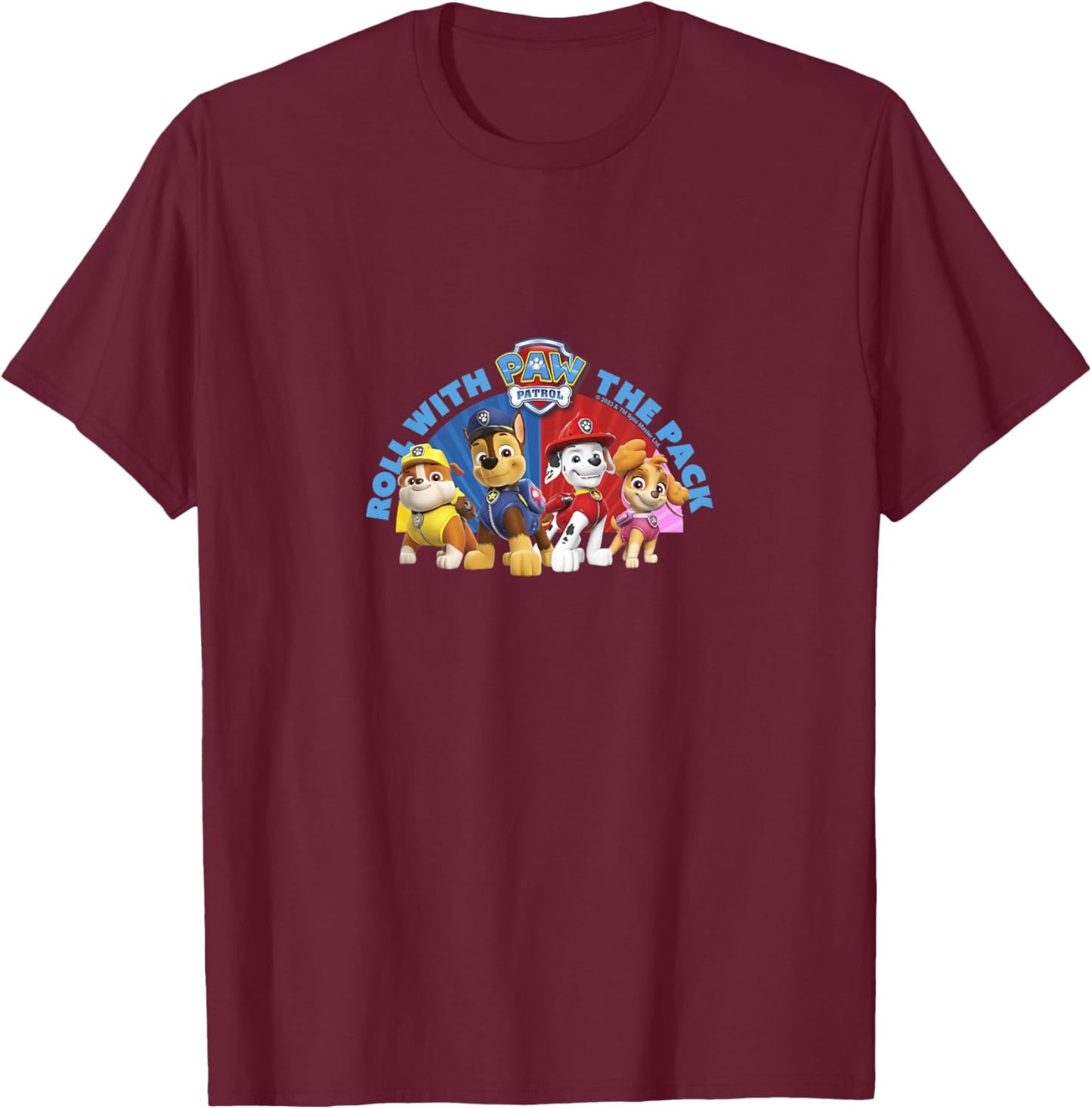 PAW Patrol Roll The Pack Rubble Chase Marshall Skye T-Shirt - T-Shirt | Maroon