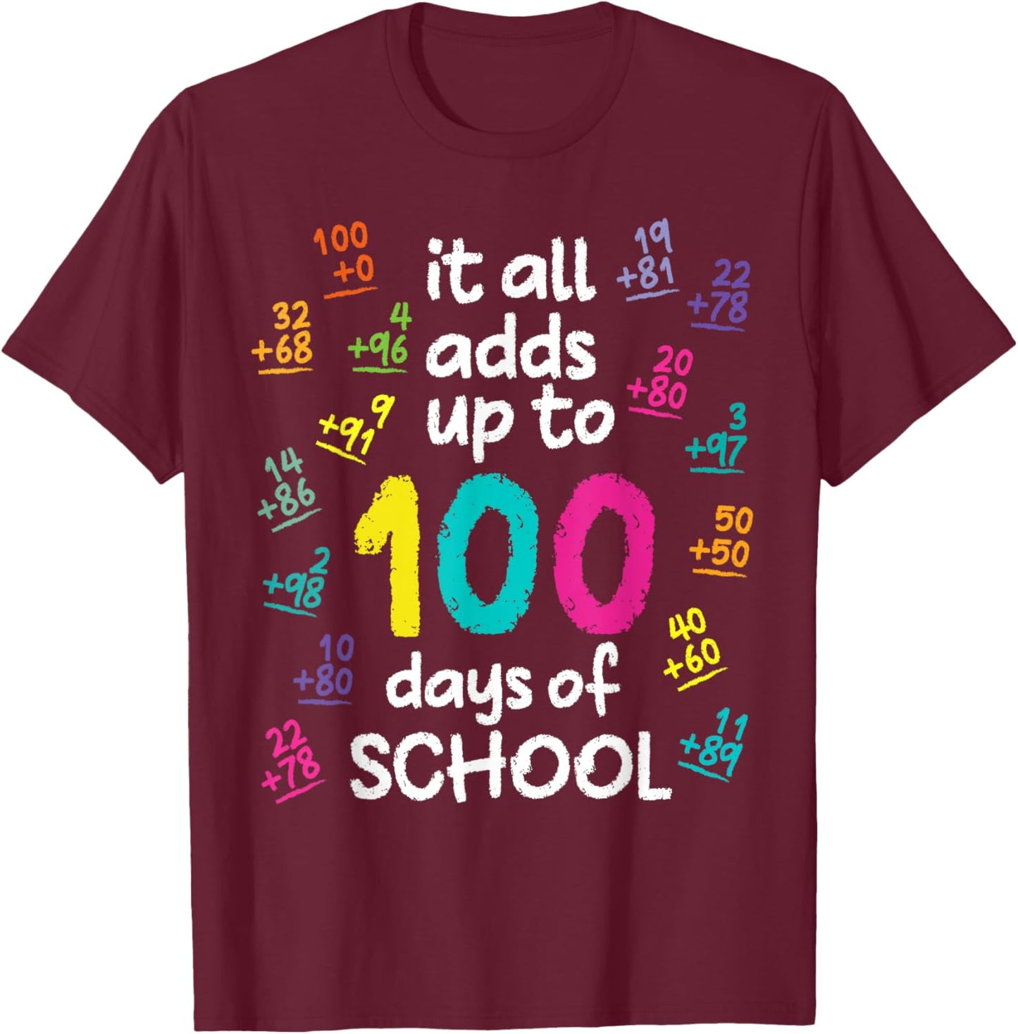 Cool 100 Days Of School Math Addition Funny Teacher Student T-Shirt - T-Shirt | Maroon