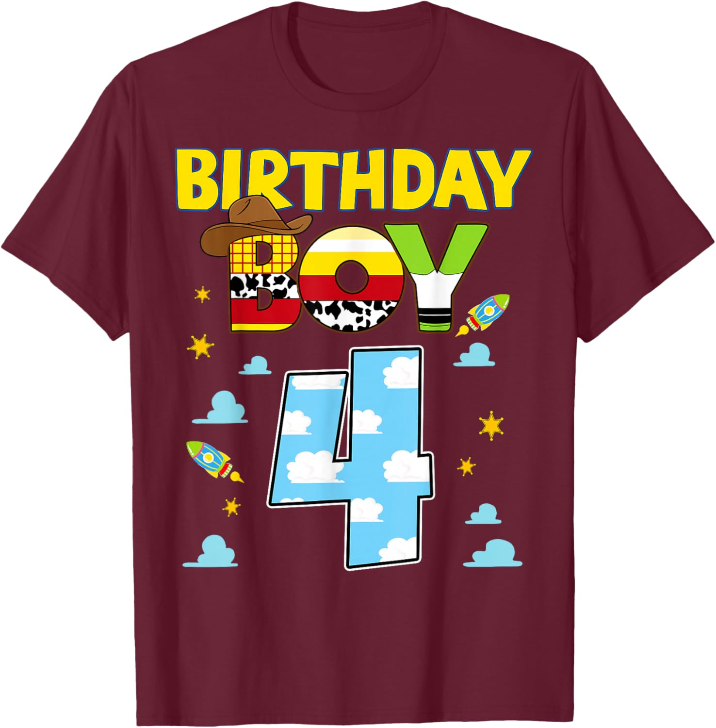 Western Family Birthday Boy Shirt 4 Cowboy 4th Birthday T-Shirt - T-Shirt | Maroon
