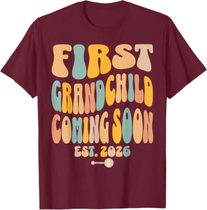 First Grandchild Coming Soon 2026 Baby Announcement T-Shirt - T-Shirt | Maroon
