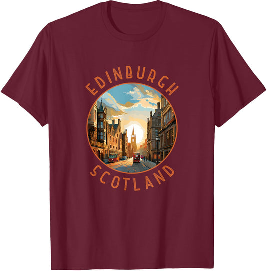 Edinburgh Scotland Retro Distressed Circle Travel Souvenir T-Shirt - T-Shirt | Maroon