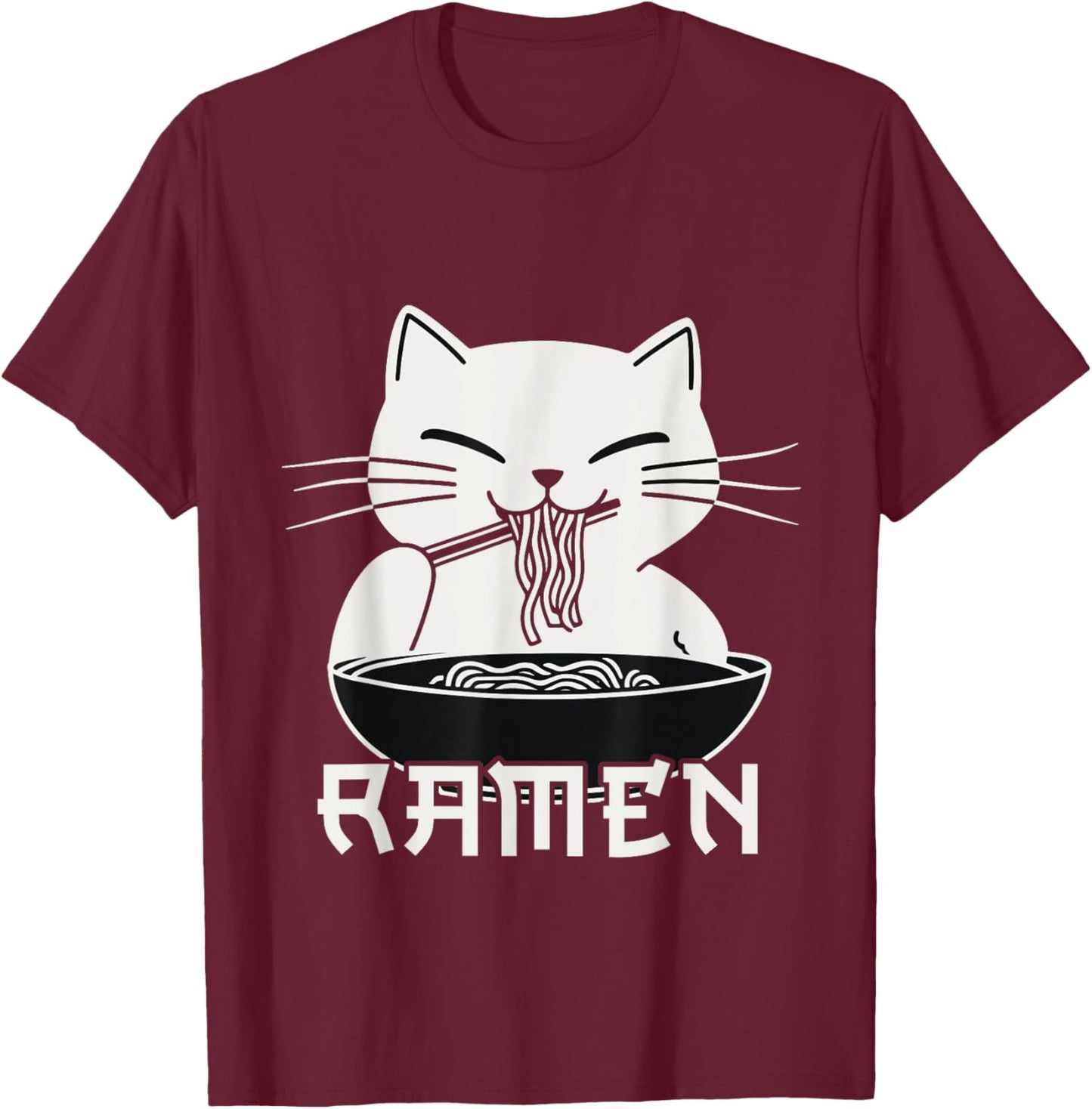 Kawaii Noodles Soup Anime Japanese Ramen Cat Teens Girls T-Shirt - T-Shirt | Maroon