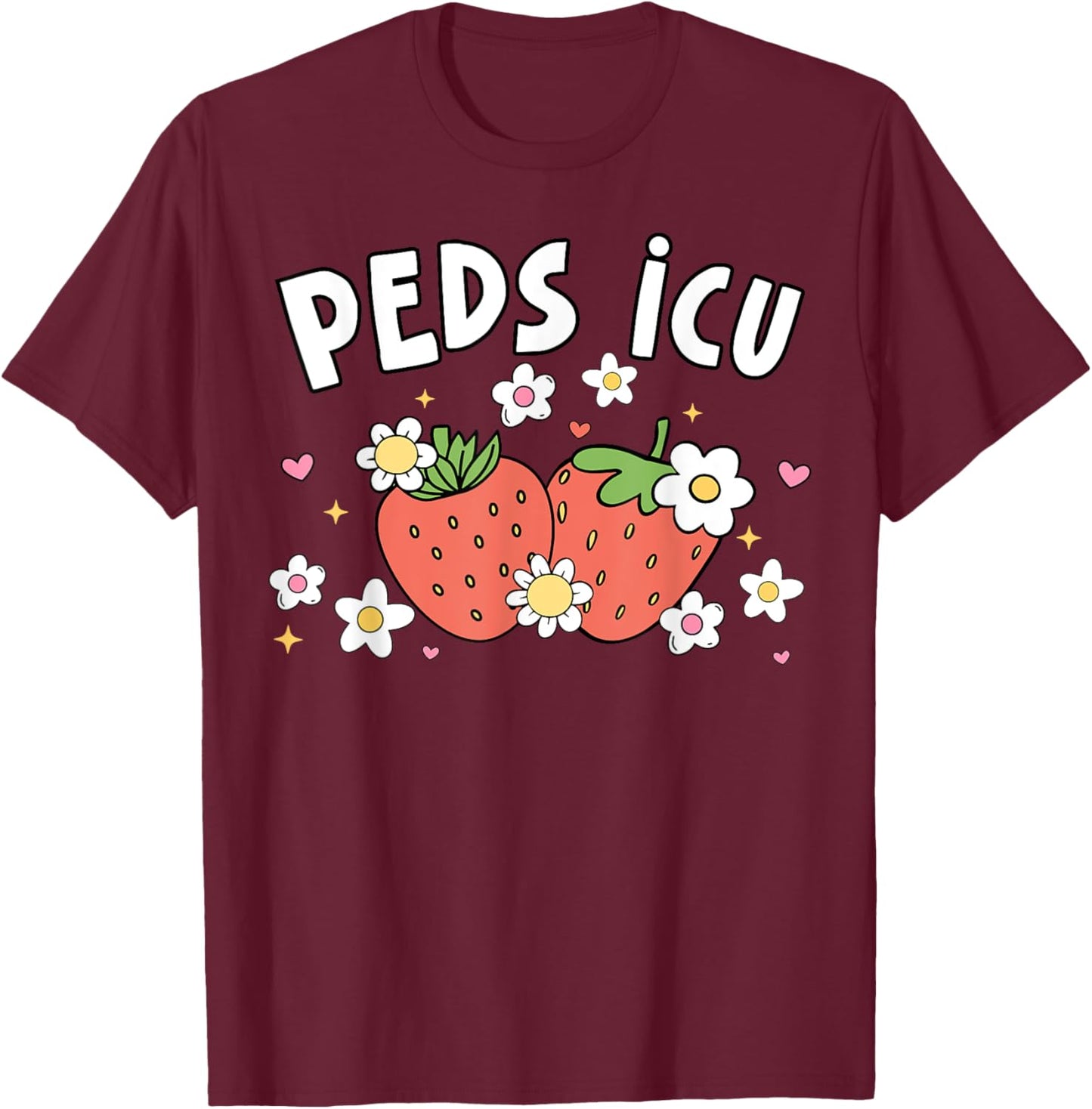 Retro PEDS ICU Strawberry Floral Pediatric Cardiac ICU Nurse T-Shirt - T-Shirt | Maroon