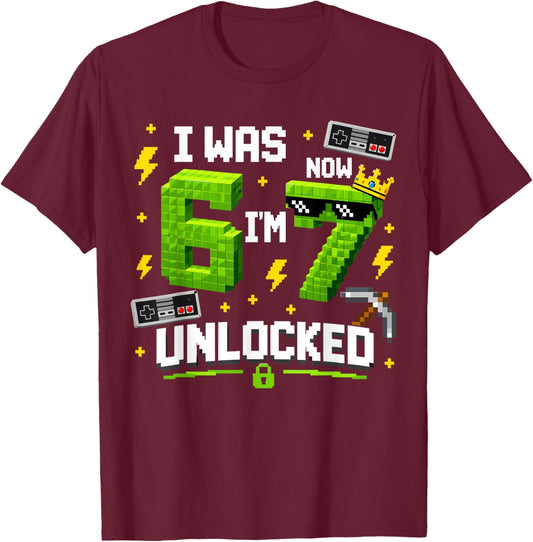 7th Birthday I was 6 Now Im 7 Unlocked 67 Boys Kids Youth T-Shirt - T-Shirt | Maroon