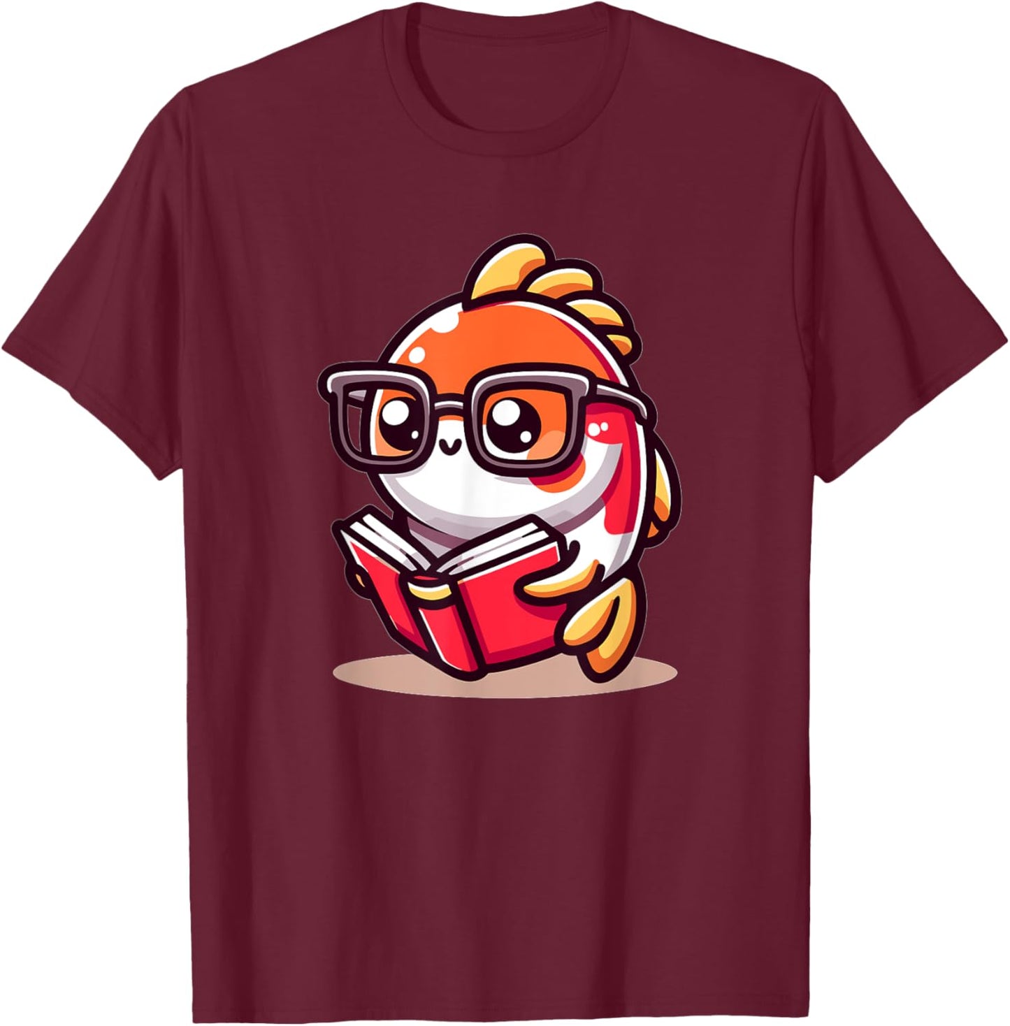Adorable Book Lover Koi Fish With Reading Glasses Cute T-Shirt - T-Shirt | Maroon