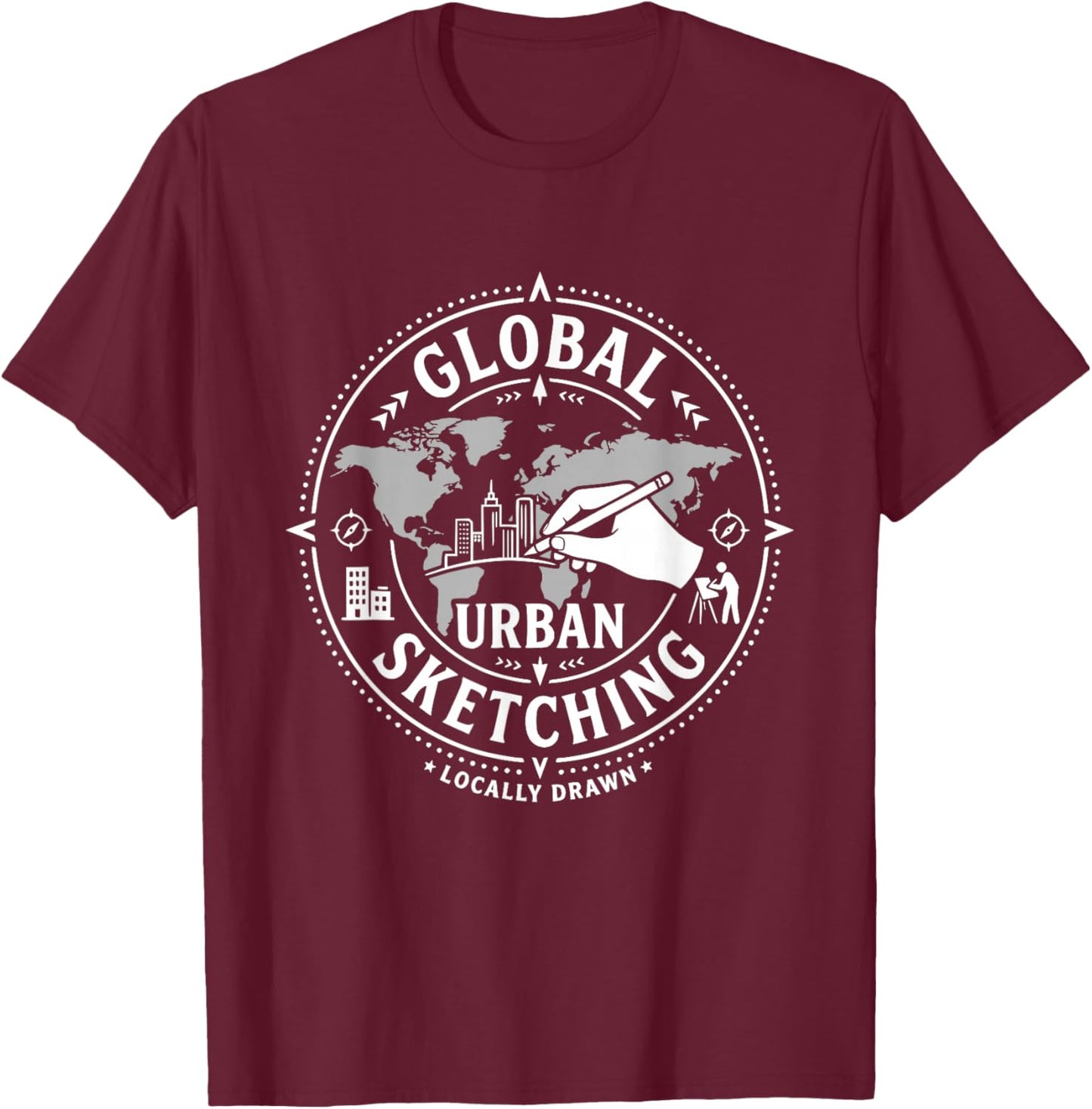 Urban Sketching Artiste Global Ville Drawing T-Shirt - T-Shirt | Maroon