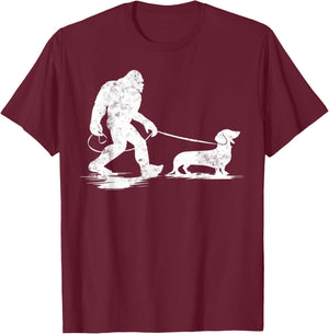 Bigfoot Walking Dachshund Funny Wiener Dog Dad Gifts T-Shirt - T-Shirt | Maroon