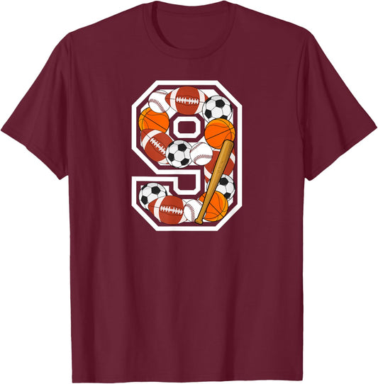 9th Birthday Sports Birthday Party 9 Year Old Boy T-Shirt - T-Shirt | Maroon