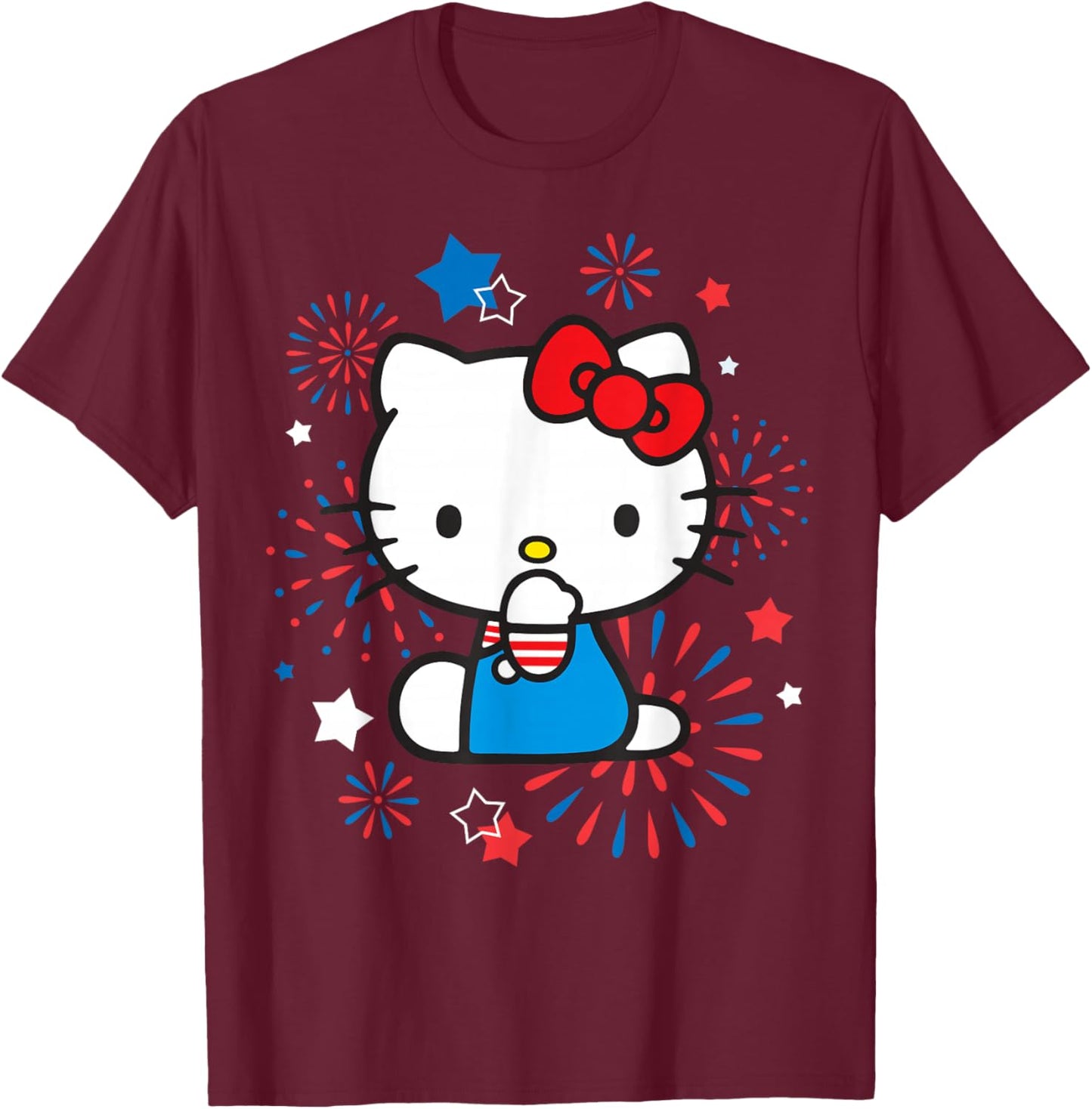 Hello Kitty 4th of July Red White and Blue Fireworks & Stars T-Shirt - T-Shirt | Maroon