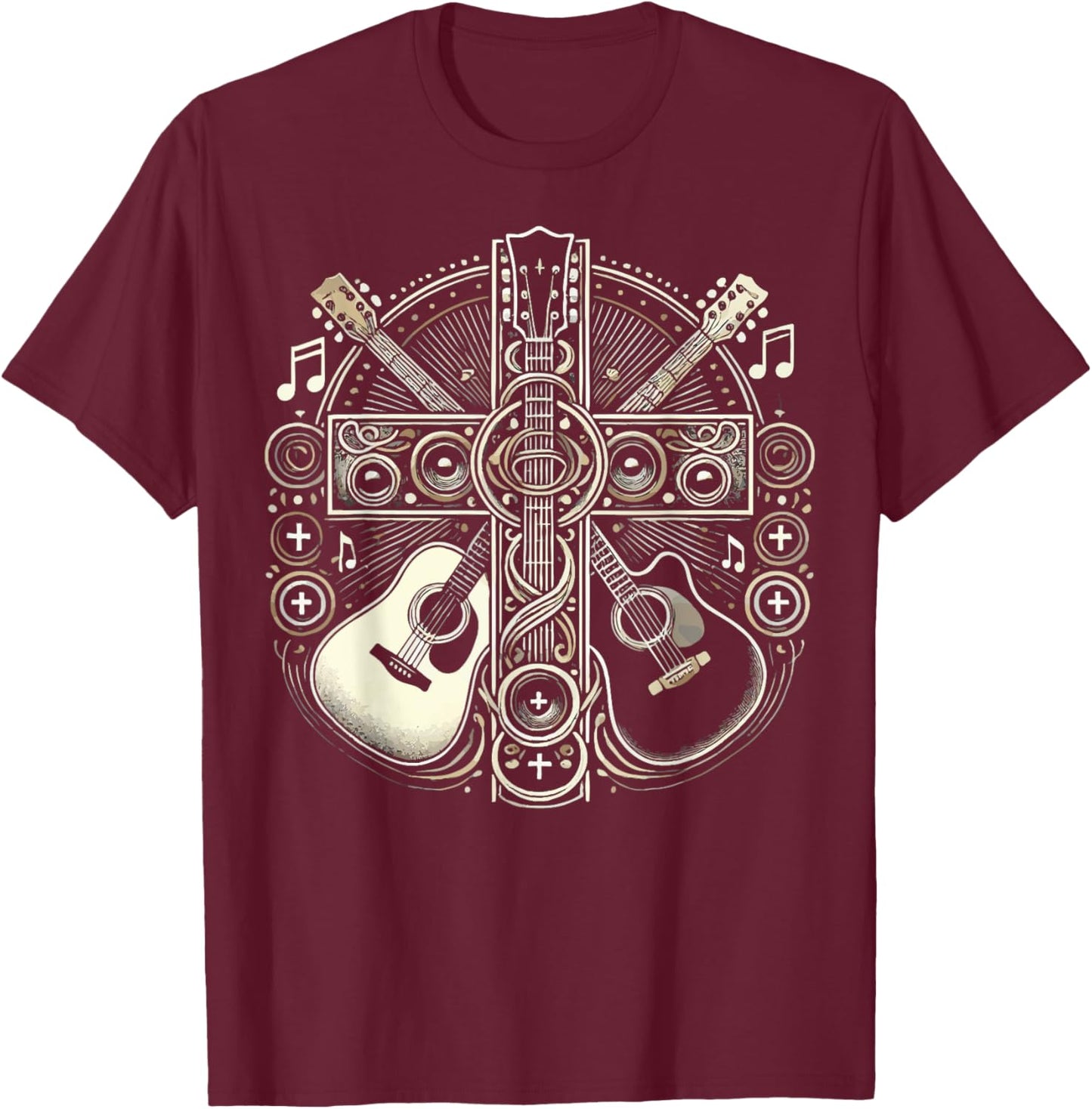 Acoustic Electric Guitar Cross Christian God Jesus Crucifix T-Shirt - T-Shirt | Maroon