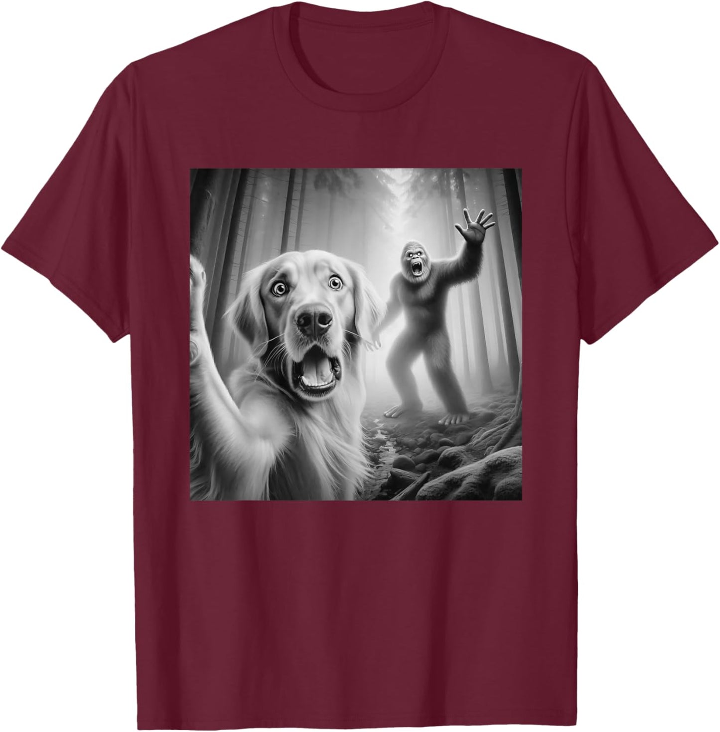 Funny Golden retriever Selfie with bigfoot sasquatch T-Shirt - T-Shirt | Maroon