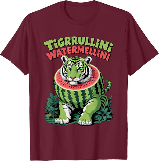Tigrrullini Watermellini Italian Brainrot Meme T-Shirt - T-Shirt | Maroon