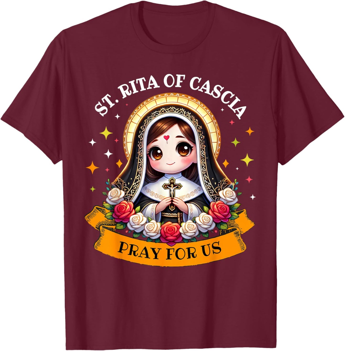 St Rita of Cascia Pray for Us Devotional Catholic for Kids T-Shirt - T-Shirt | Maroon