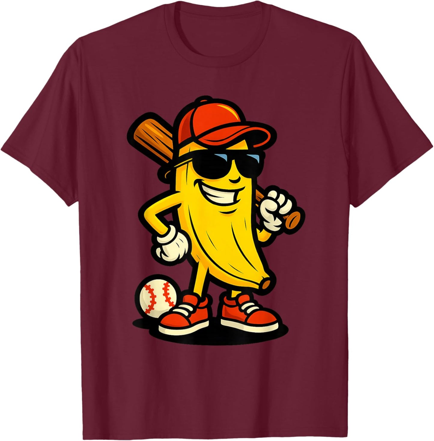 Cool Banana Baseball Cartoon Funny Sports Design T-Shirt - T-Shirt | Maroon