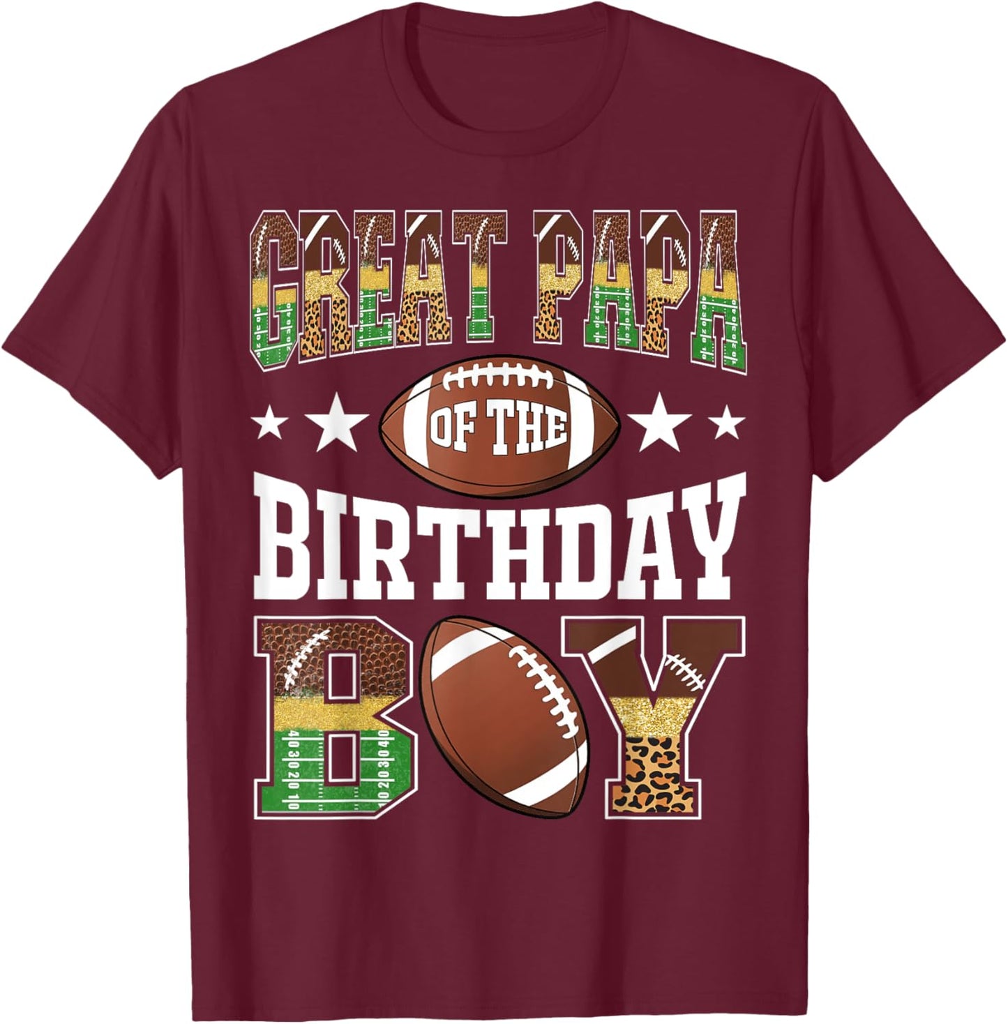 Great Papa Of The Birthday Boy Football Leopard Game Day T-Shirt - T-Shirt | Maroon