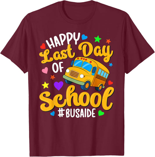 Happy Last Day of School Bus Aide Groovy Summer Break T-Shirt - T-Shirt | Maroon