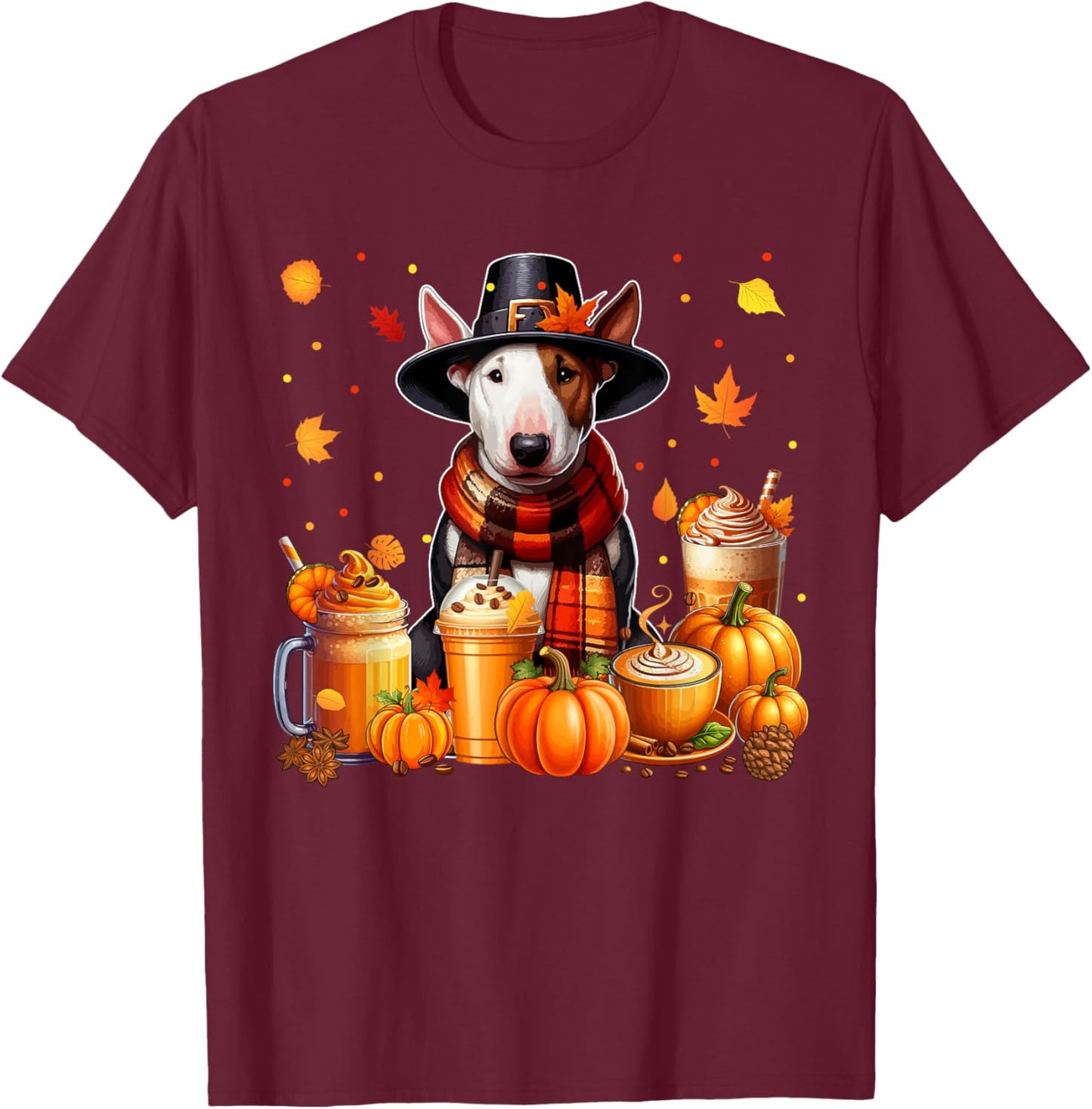 Bull Terrier Thanksgiving Drinks Coffee Fall Leaves Pumpkins T-Shirt - T-Shirt | Maroon
