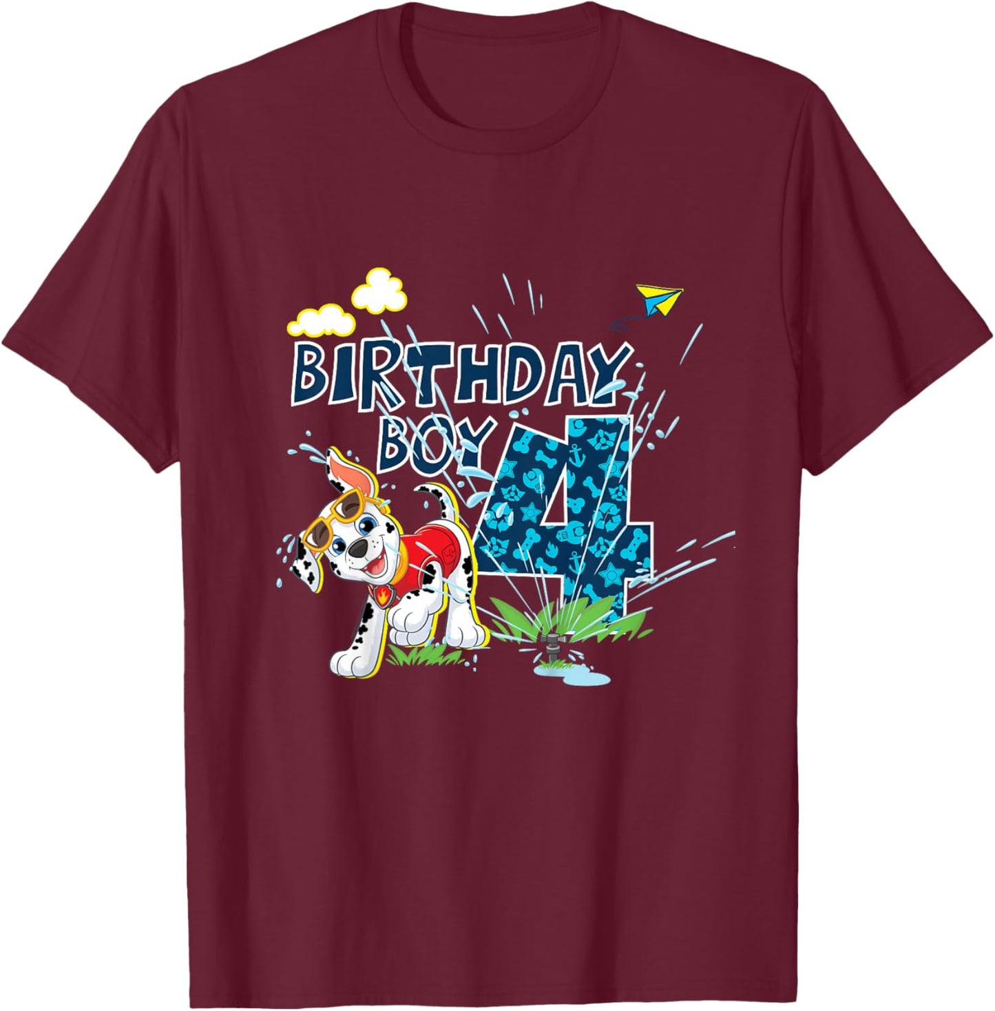 Official Paw Patrol Marshall Jumping Birthday Boy Age 4 T-Shirt - T-Shirt | Maroon