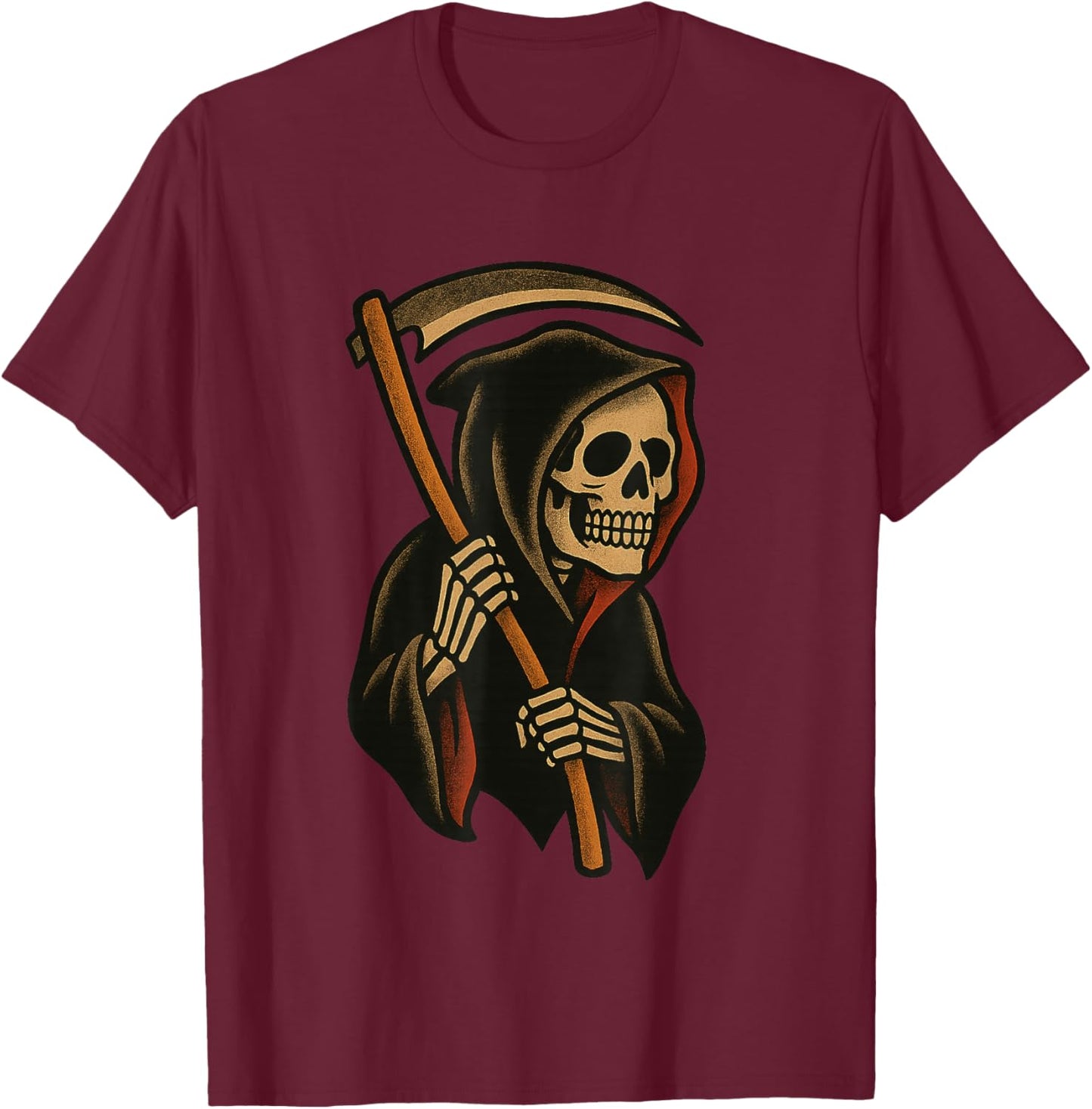 Vintage Tattoo Grim Reaper Traditional Flash Skull & Scythe T-Shirt - T-Shirt | Maroon